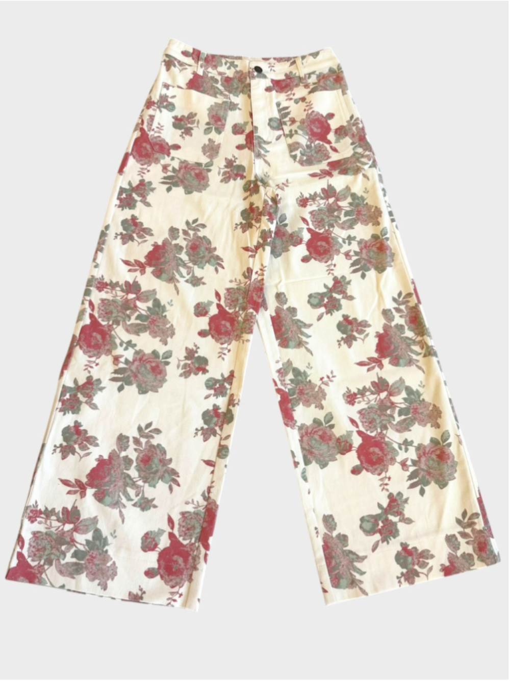 Entro Enchanting Florals Cream Twill Wide Leg Pants Size S